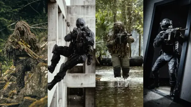 Four operators in contrasting red, blue, black and white gear standing in a row