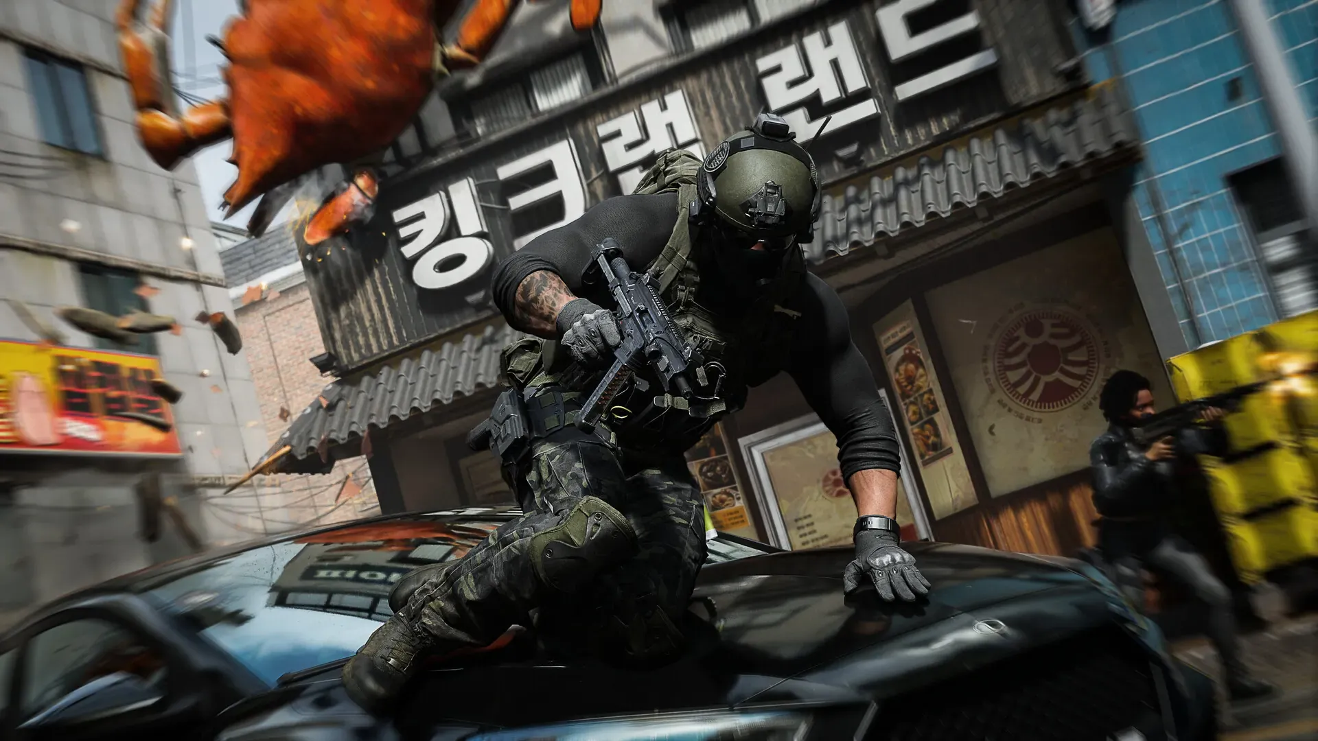 An operator pulling an enemy over a car on a street in Hajin City, with Korean signage overhead